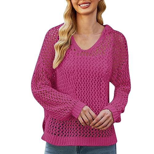 Damen Strickpullover Feinstrick Pullover mit Lochstrickmuster und V-Ausschnitt Streetwear Lochmuster Feinstrick Pulli Jumper Oberteile Tops Lässig Knit Fashion Sweater von GZYshoyao