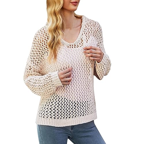 Damen Strickpullover Feinstrick Pullover mit Lochstrickmuster und V-Ausschnitt Streetwear Lochmuster Feinstrick Pulli Jumper Oberteile Tops Lässig Knit Fashion Sweater von GZYshoyao