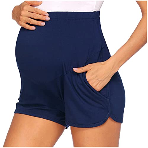 Damen Umstandsshorts Komfortable Kurze Umstandshose Umstandsleggings Baumwolle Super Bequeme Umstands Shorts Maternity Sport Schwangerschaft Kurze Umstandsmode Hose mit Taschen für Sommer (Blue, XXL) von GZYshoyao