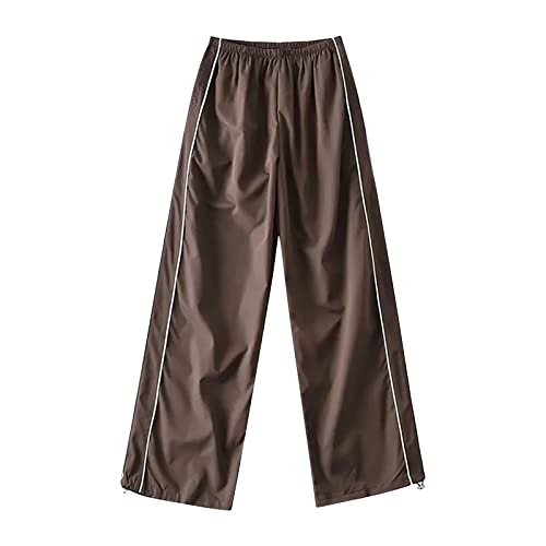 Fallschirmhosen Damen Baggy Cargohose y2-k Pants Teenager Weites Bein Track Pants Vintage Baggy Hosen für Frauen Streetwear Elastische Taille Parachute Pants Oversize Lose 90er E-Girl (Brown, S) von GZYshoyao