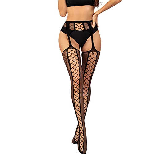 GZYshoyao Damen Strapsstrümpfe Netzstrumpfhose Schwarz Oberschenkel Strumpf mit Strumpfhalter Floral Spitze Strapsstrümpfe, Damen Strapsen Strümpfe Schwarz Halterlose Netzstrümpfe (Black-e, One Size) von GZYshoyao