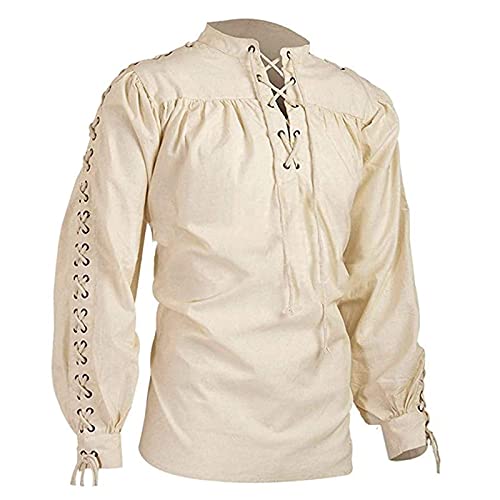 GZYshoyao Herren Mittelalter Leinenhemd Sommer Herbst Hemden Langarm Retro-Kragen mit Schnürung, Männer Freizeithemd Casual Leinen Yoga Shirt Fisherman Sommerhemd, Beige, 5XL von GZYshoyao