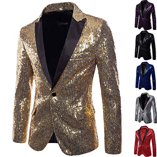 GZYshoyao Herren Pailletten Sakko Gold Glitzer Blazer Slim Fit Hochzeit Mantel Langarm Mantel Anzug Herrenjacke Performance-Kostüm für Hochzeit und Party (Gold, L) von GZYshoyao