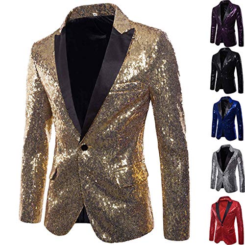 GZYshoyao Herren Pailletten Sakko Gold Glitzer Blazer Slim Fit Hochzeit Mantel Langarm Mantel Anzug Herrenjacke Performance-Kostüm für Hochzeit und Party Formelle Kleidung für Herren (Gold, XL) von GZYshoyao