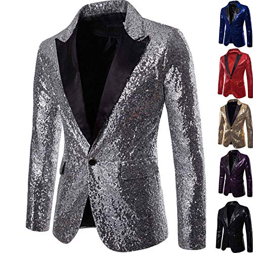 GZYshoyao Herren Pailletten Sakko Gold Glitzer Blazer Slim Fit Hochzeit Mantel Langarm Mantel Anzug Herrenjacke Performance-Kostüm für Hochzeit und Party Formelle Kleidung für Herren (Silber, L) von GZYshoyao