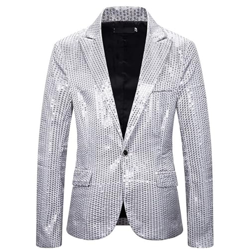 GZYshoyao Herren Pailletten Sakko Gold Glitzer Blazer Slim Fit Hochzeit Mantel Langarm Mantel Anzug Herrenjacke Performance-Kostüm für Hochzeit und Party (W1-Silver, L) von GZYshoyao