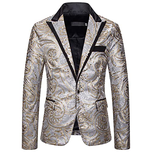 GZYshoyao Herren Pailletten Sakko Gold Glitzer Slim Fit Hochzeit Mantel Langarm Mantel Anzug Herrenjacke Performance-Kostüm für Hochzeit und Party (41-Silver, XL) von GZYshoyao