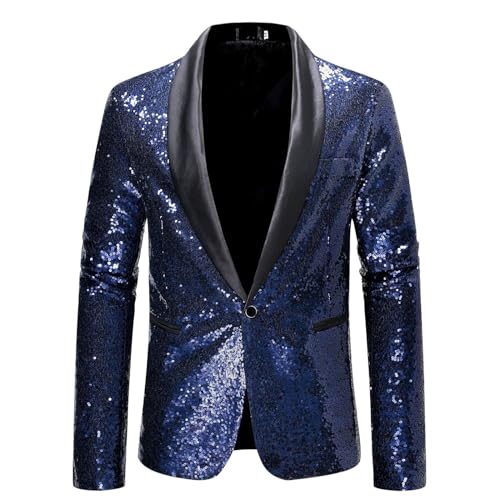 GZYshoyao Herren Pailletten Sakko Gold Glitzer Slim Fit Hochzeit Mantel Langarm Mantel Anzug Herrenjacke Performance-Kostüm für Hochzeit und Party (71-Navy, L) von GZYshoyao