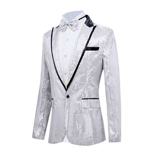 GZYshoyao Herren Pailletten Sakko Gold Glitzer Slim Fit Hochzeit Mantel Langarm Mantel Anzug Herrenjacke Performance-Kostüm für Hochzeit und Party (U1-Silver, XL) von GZYshoyao