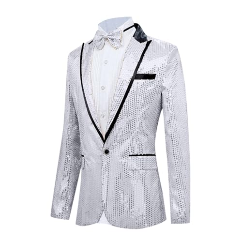 GZYshoyao Herren Pailletten Sakko Gold Glitzer Slim Fit Hochzeit Mantel Langarm Mantel Anzug Herrenjacke Performance-Kostüm für Hochzeit und Party (U1-Silver, XXXL) von GZYshoyao