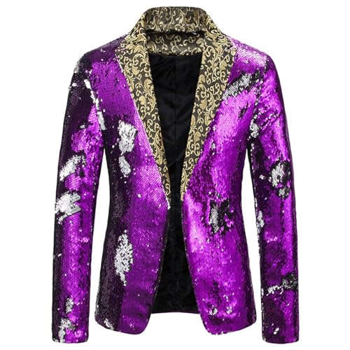 GZYshoyao Herren Pailletten Sakko Gold Glitzer Slim Fit Hochzeit Mantel Langarm Mantel Herrenjacke Performance-Kostüm für Hochzeit Party (94-Purple, L) von GZYshoyao