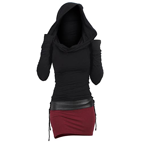 GZYshoyao Mittelalter Kleidung Damen Gothic Kleid Mittelalterliches Kostüm Longpullover UnregelmäßIg Hoodie KleidHerbst Winter Hexenkostüm Schnürkleid (Black, XL) von GZYshoyao