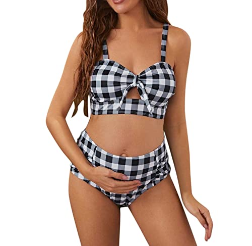 GZYshoyao Umstandsbikini Schwangerschafts Bikini Plaid Print Bademode mit Unterbauchhöschen und Neckholdertop Polstern, für Schwangerschaft und Stillzeit, extra elastisch Bauchweg (1-Grey, M) von GZYshoyao