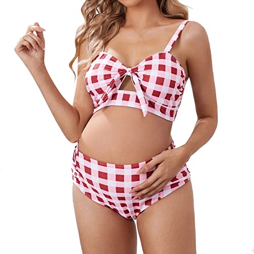 GZYshoyao Umstandsbikini Schwangerschafts Bikini Plaid Print Bademode mit Unterbauchhöschen und Neckholdertop Polstern, für Schwangerschaft und Stillzeit, extra elastisch Bauchweg (1-Pink, L) von GZYshoyao