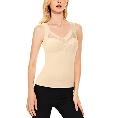 GZYshoyao Unterhemd mit BH Damen Winter Spitze BH Hemd Ohne Bügel mit Cups V-Ausschnitt Thermo Fleece Unterhemden Ärmellos Gefütterte Tank Top Eingebauter BH Damen Shape Unterhemden (21-Khaki, XXXXL) von GZYshoyao