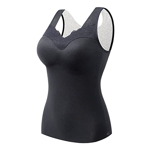 GZYshoyao Unterhemd mit BH Damen Winter Spitze BH Hemd Ohne Bügel mit Cups V-Ausschnitt Thermo Fleece Unterhemden Ärmellos Gefütterte Tank Top Eingebauter BH Damen Shape Unterhemden (Y1-Black, M) von GZYshoyao