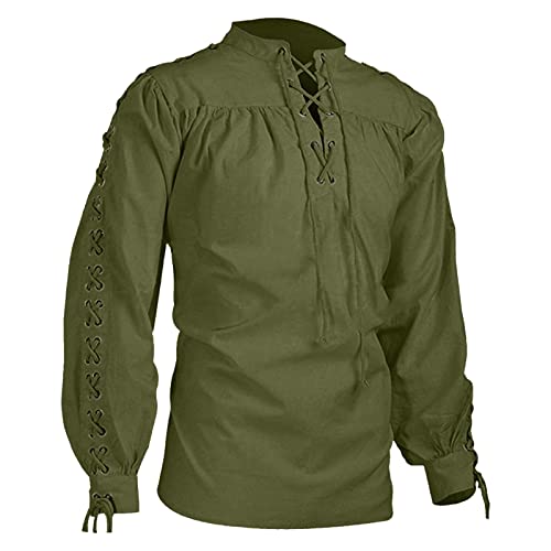 Herren Mittelalter Leinenhemd Sommer Herbst Hemden Langarm Retro-Kragen mit Schnürung, Männer Freizeithemd Casual Leinen Yoga Shirt Fisherman Sommerhemd (P1-Army Green, XXXXXL) von GZYshoyao