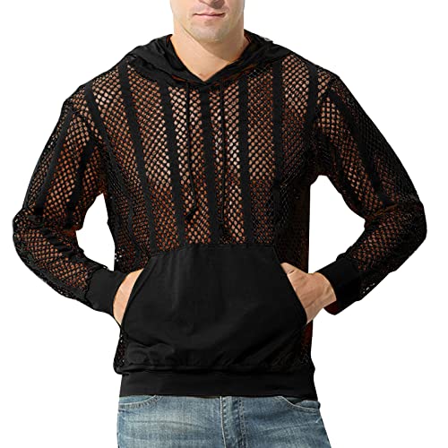 Herren Sexy Transparent Sheer Fishnet Breathable Hooded Sweatshirt Hoodies Solide Langarm Tasche Kapuzenbluse Schwarz Unterhemd Netzstruktur Netzhemd mit Langer Ärmel (Black, XL) von GZYshoyao