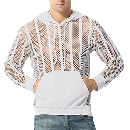 Herren Sexy Transparent Sheer Fishnet Breathable Hooded Sweatshirt Hoodies Solide Langarm Tasche Kapuzenbluse Schwarz Unterhemd Netzstruktur Netzhemd mit Langer Ärmel (White, L) von GZYshoyao