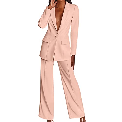 Hosenanzüge Damen 2 teilig Elegant Hochzeit Business Anzug Set Zweiteiler Abendrobe Outfit Set Langarm Anzugjacke und Anzughosen Büro Slimfit Formal Blazer Modern Festlicher Suit (Pink, XXL) von GZYshoyao