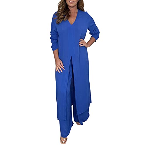 Hosenanzug Damen Lässiger 2-Teiler Anzug Mit Langem Chiffon Top & Passender Hose, 2-teiliges Damen-Outfit Mit V-Ausschnitt, Geschlitztem Saum, Langer Bluse Und Hose Mit Weitem Bein (Blue, M) von GZYshoyao