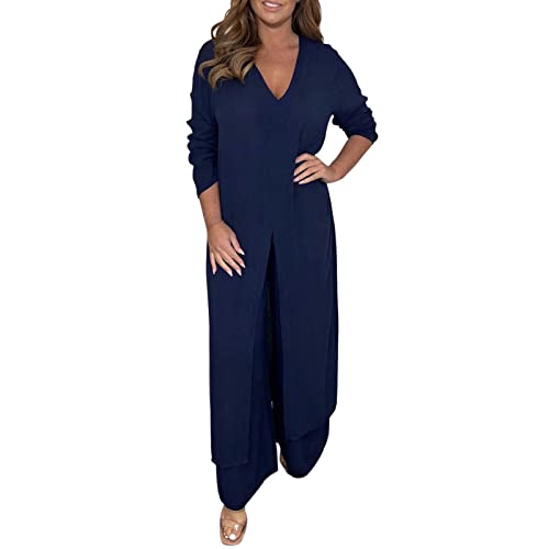 Hosenanzug Damen Lässiger 2-Teiler Anzug Mit Langem Chiffon Top & Passender Hose, 2-teiliges Damen-Outfit Mit V-Ausschnitt, Geschlitztem Saum, Langer Bluse Und Hose Mit Weitem Bein (Navy, M) von GZYshoyao