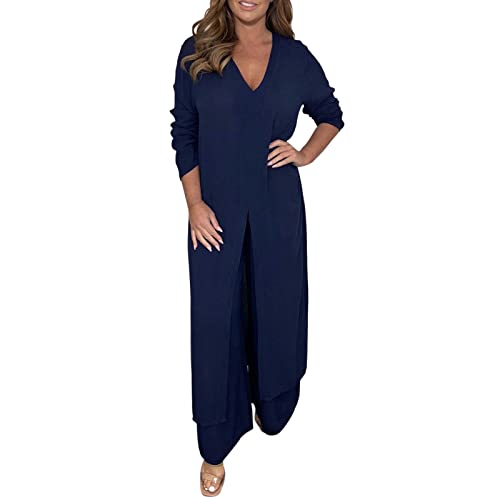 Hosenanzug Damen Lässiger 2-Teiler Anzug Mit Langem Chiffon Top & Passender Hose, 2-teiliges Damen-Outfit Mit V-Ausschnitt, Geschlitztem Saum, Langer Bluse Und Hose Mit Weitem Bein (Navy, XXXL) von GZYshoyao