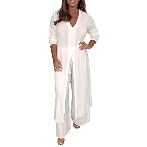 Hosenanzug Damen Lässiger 2-Teiler Anzug Mit Langem Chiffon Top & Passender Hose, 2-teiliges Damen-Outfit Mit V-Ausschnitt, Geschlitztem Saum, Langer Bluse Und Hose Mit Weitem Bein (White, XXXXXL) von GZYshoyao
