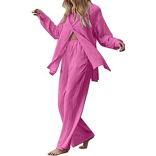 Leinen Hosenanzug Damen, Zweiteiler Damen, Damen Zweiteiler Leinen Elegant Hosenanzug Langarm Bluse + Weites Bein Hose Sommer Herbst Outfit Casual Loungewear Set + High Waist (41-Hot Pink, L) von GZYshoyao
