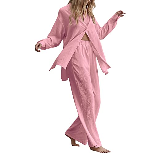 Leinen Hosenanzug Damen, Zweiteiler Damen, Damen Zweiteiler Leinen Elegant Hosenanzug Langarm Bluse + Weites Bein Hose Sommer Herbst Outfit Casual Loungewear Set + High Waist Sportanzug (31-Pink, XXL) von GZYshoyao