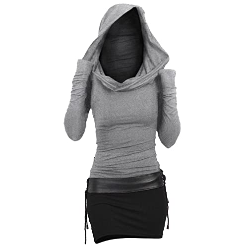 Mittelalter Kleidung Damen Gothic Kleid Mittelalterliches Kostüm Mittelalter Kleid Longpullover UnregelmäßIg Hoodie KleidHerbst Winter Retro Kostüm Gothic Hexenkostüm Schnürkleid (Grey, XXL) von GZYshoyao