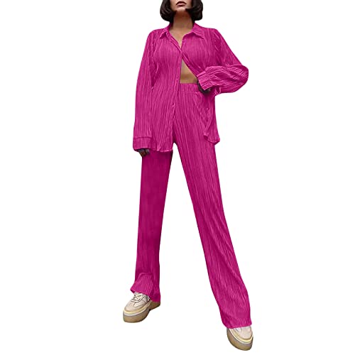 Plissee Damen Set, Zweiteiler Damen, Damen Zweiteiler Plissee Set Elegant Hosenanzug Langarm Bluse + Weites Bein Hose Sommer Herbst Outfit Casual Loungewear Streetwear Freizeithose (Hot Pink, M) von GZYshoyao