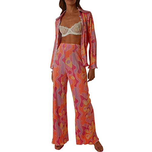 Plissee Damen Set, Zweiteiler Damen, Damen Zweiteiler Plissee Set Elegant Hosenanzug Langarm Bluse + Weites Bein Hose Sommer Herbst Outfit Casual Loungewear Streetwear Freizeithose Sommer (32-Pink, L) von GZYshoyao