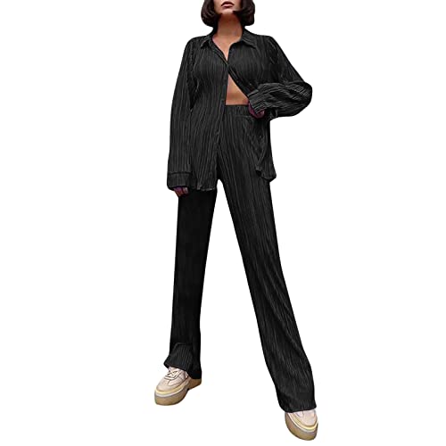Plissee Damen Set, Zweiteiler Damen, Damen Zweiteiler Plissee Set Elegant Hosenanzug Langarm Bluse + Weites Bein Hose Sommer Herbst Outfit Casual Loungewear Streetwear Freizeithose Sommer (Black, S) von GZYshoyao