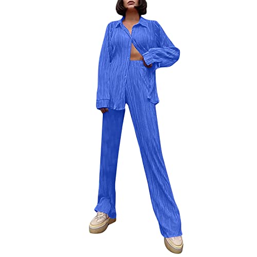 Plissee Damen Set, Zweiteiler Damen, Damen Zweiteiler Plissee Set Elegant Hosenanzug Langarm Bluse + Weites Bein Hose Sommer Herbst Outfit Casual Loungewear Streetwear Freizeithose Sommer (Blue, L) von GZYshoyao