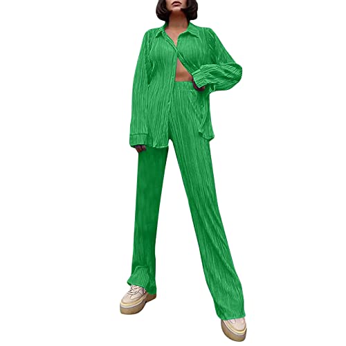 Plissee Damen Set, Zweiteiler Damen, Damen Zweiteiler Plissee Set Elegant Hosenanzug Langarm Bluse + Weites Bein Hose Sommer Herbst Outfit Casual Loungewear Streetwear Freizeithose Sommer (Green, L) von GZYshoyao