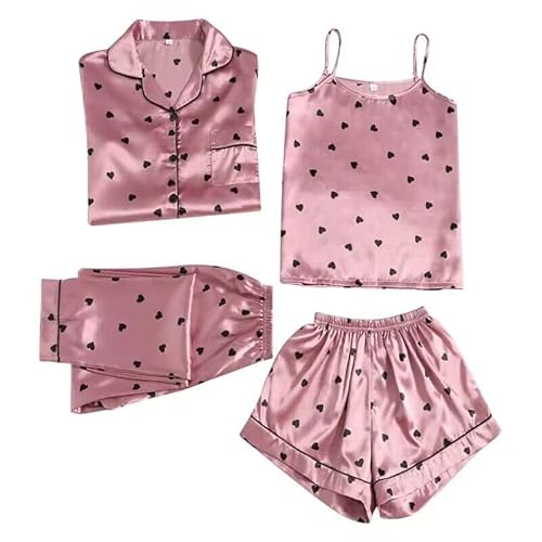 Schlafanzug Damen Pyjama Sets Satin Pajama Kurz 4-teiliges Sets für Frauen Gemütliche Nachthemd Schlafanzug Set Hausanzug Lingerie Nachtwäsche Vierteiliges Set für alle Jahreszeiten (A-Pink, S) von GZYshoyao