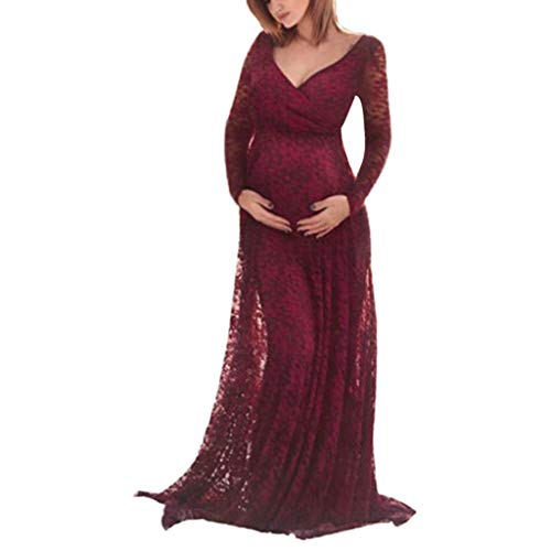 Schwangerschaftskleid Schwangerschafts Maxikleid Langes Schwangerschaft Spitze Frauen Elegant Schwangere Langarm Spitze Schulterfreies Kleidung Umstandskleid Fotoshooting Schwangere (Wine Red, M) von GZYshoyao