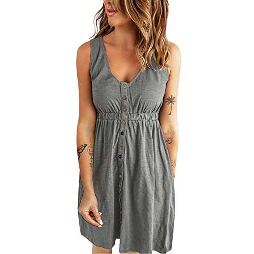 Sexy einfarbiges Kleid für Damen, O-Ausschnitt, Lange Ärmel, Slim Fit, Partykleid, Knopf, lässig, lockeres Midikleid (Grey, XL) von GZYshoyao