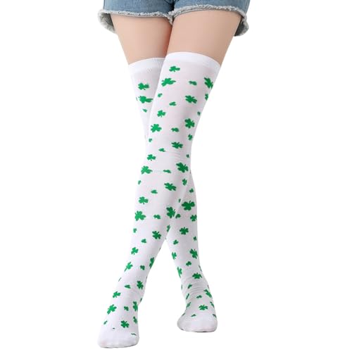 St. Patricks Day Socken, Socken Kleeblatt Kostüm St. Patrick's Day Kniestrümpfe Irische Socken Overknees Strümpfe Damen St. Patricks Day Kostüm Accessoires Glücksgeschenke für Damen (White, One Size) von GZYshoyao