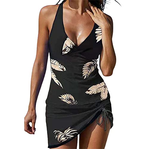 Tankini Damen Bauchweg Bedruckter Zweiteiler Badeanzug Push Up Swimsuit Beachwear Set mit Hot Pants Bikini Oversize Sport Tankini mit Rock 2-teilige Badebekleidung Farbblock-Badeanzüge (71-Black, XL) von GZYshoyao