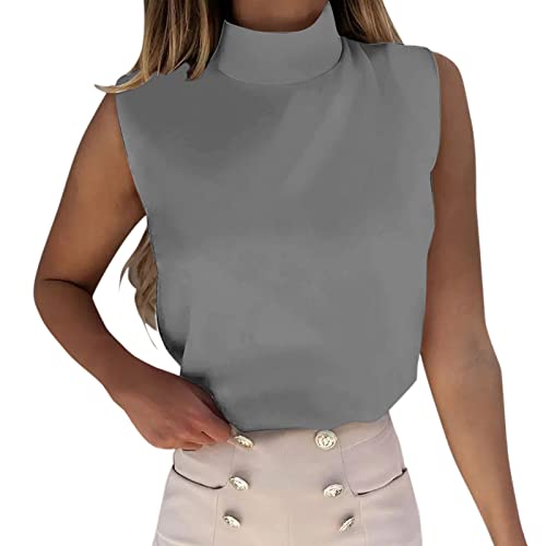 Top Tamen Rollkragen Ärmellos Top Sommer T-Shirt Rollkragenshirt Casual Bedruckte Shirt mit Stehkragen Elegant Basic Tank-Top Rundhal Sommershirts Mode Lose Tshirts Tunika Oberteile Bluse (Grey, L) von GZYshoyao