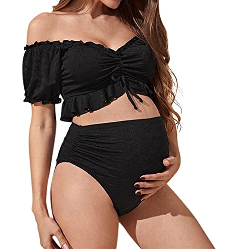 Umstandsbikini Damen Große Größen Swimsuit Schwangerschafts Bikini mit Unterbauchhöschen und Neckholdertop Polstern, für Schwangerschaft und Stillzeit, extra elastisch Umstandsmode (81-Black, XL) von GZYshoyao