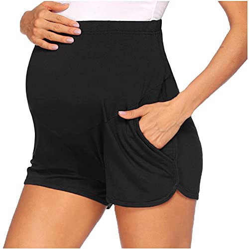 Umstandsshorts Damen Komfortable Kurze Umstandshose Umstandsleggings Baumwolle Super Bequeme Umstands Shorts Kurze Schwangerschaftshose Stretch Jogginghose Umstandsmode Hose mit Taschen (Black, XL) von GZYshoyao