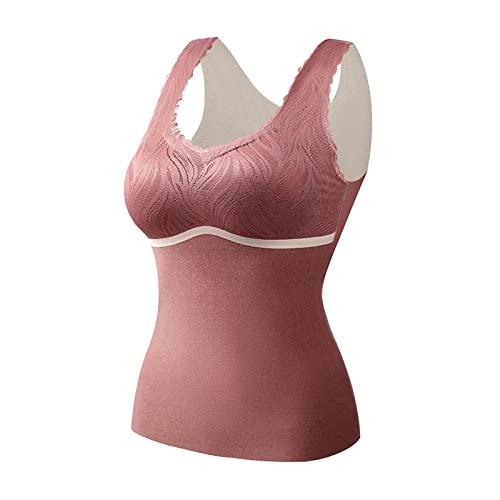 Unterhemd mit BH Damen Winter Spitze BH Hemd Ohne Bügel mit Cups V-Ausschnitt Thermo Fleece Unterhemden Ärmellos Gefütterte Tank Top Eingebauter BH Damen Shape Unterhemden (Watermelon Red, XL) von GZYshoyao