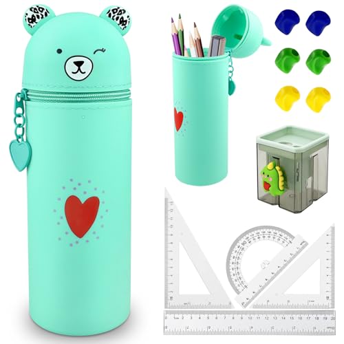 GZcaiyun Federmäppchen aus Weichem Silikon, Niedliches Cartoon Kawaii Mäppchen, Schlampermäppchen und Stifteköcher 2 in 1, mit Bleistiftspitzer, Schreibhilfe, Linealset von GZcaiyun