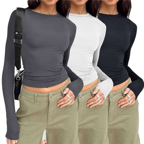 Langarmshirt Damen 3er Pack Crop Tops Basic Layering Shirt Slim Fit Komfortabel Oberteile von GaNtec