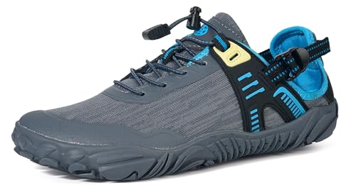 Gaatpot Barfußschuhe Atmungsaktiv Fitnessschuhe rutschfest Aquaschuhe mit Klettverschluss für Damen Herren,Grau Blau,EU39 von Gaatpot