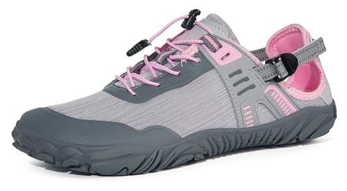 Gaatpot Barfußschuhe Atmungsaktiv Fitnessschuhe rutschfest Aquaschuhe mit Klettverschluss für Damen Herren,Grau Rosa,EU38 von Gaatpot