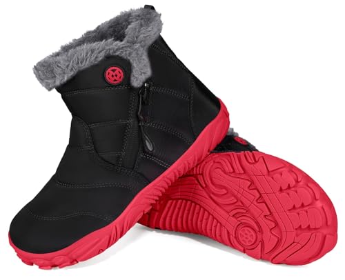 Gaatpot Barfußschuhe Winter Jungen Mädchen Winterstiefel Wasserdichte Kinder Stiefel,Dullschwarz Rot,EU38 von Gaatpot